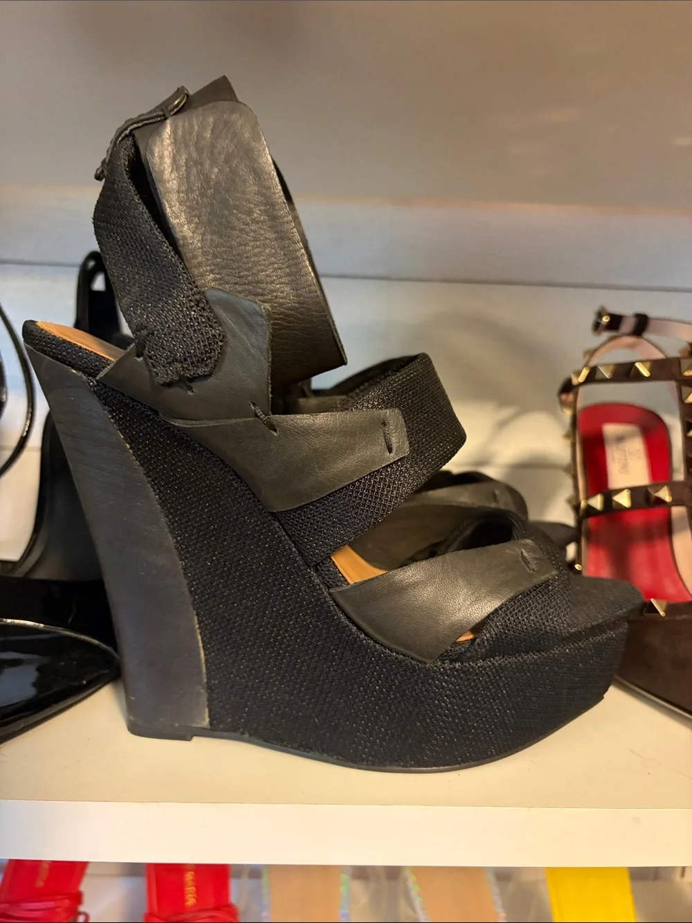 L.A.M.B. Black Leather Ankle-Strap Platform Wedges